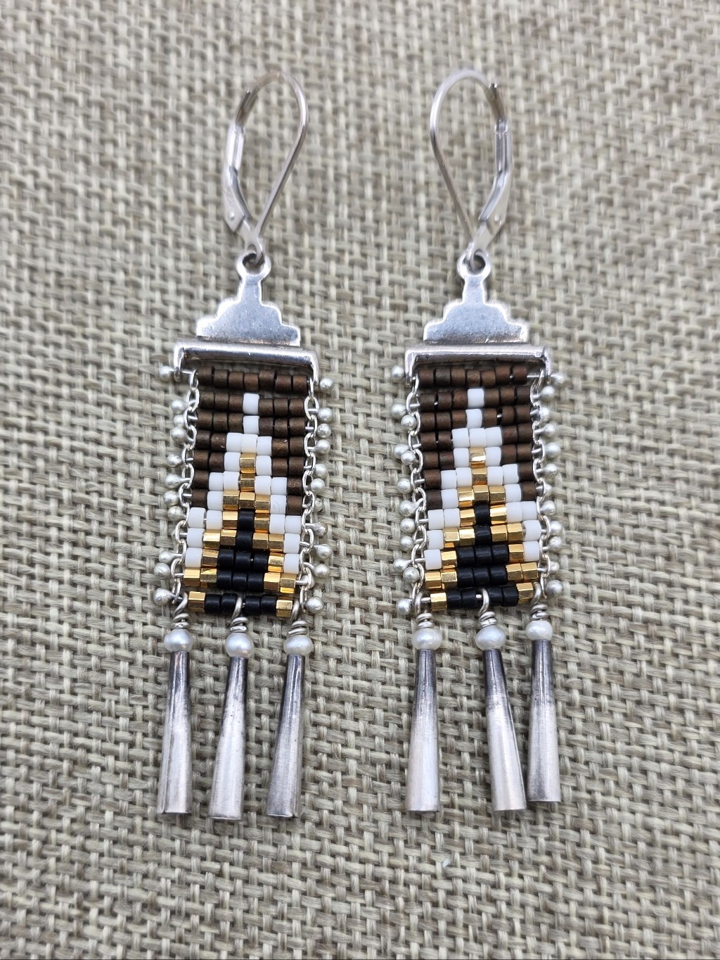 Artisan Beaded 925 And Pearl Fringe Drop Earrings In Brown, Gold & Black